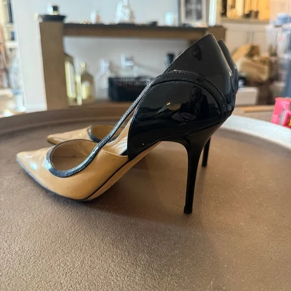 Jimmy Choo Black and Cream Color Block Cut Out Heels